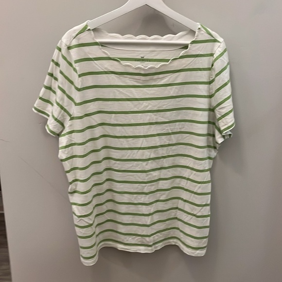 Two 2 Scalloped Neck Tee Shirts 100% Pima Cotton Size 2X White NWT Striped Green - Picture 2 of 12